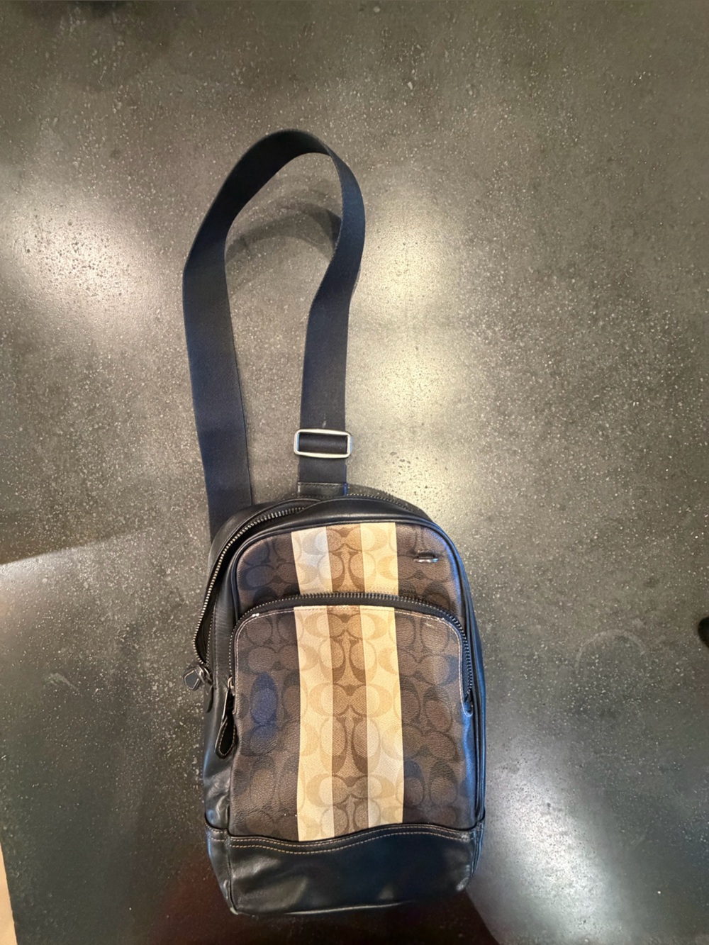 Coach Signature Stripe Crossbody Cinch Bag in Black, Brown and Tan